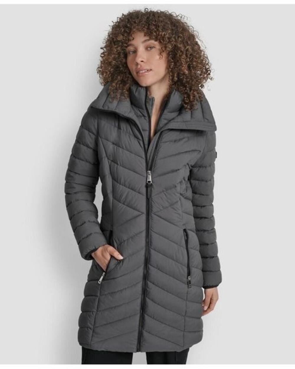 DKNY NWT Gray Bibbed Hooded Puffer Coat Water Resistant Repreve XS DL4MPN46